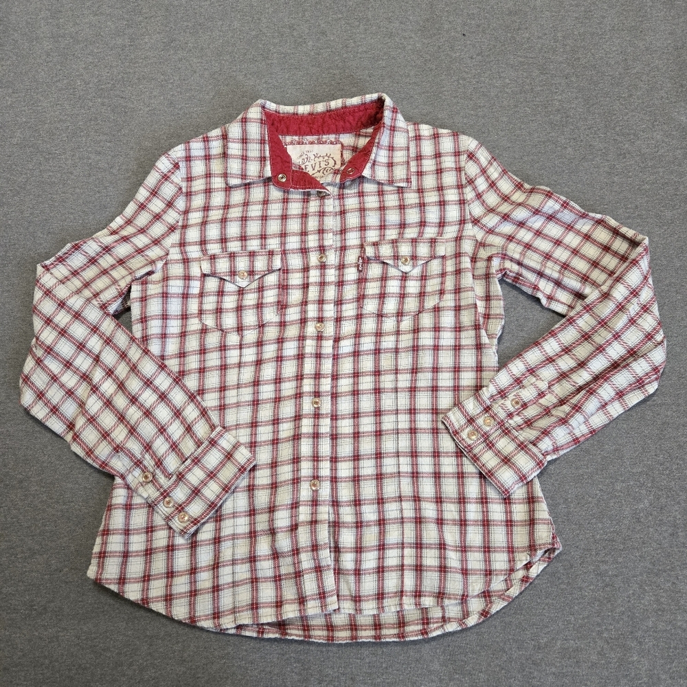 Levi's Youth Girls Plaid Flannel Pearl Snap Red White Size Large Rustic Western